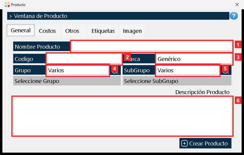 Se abre la ventana «Producto» con cinco pestañas: «General», «Costos», «Otros», «Etiquetas» e «Imagen».