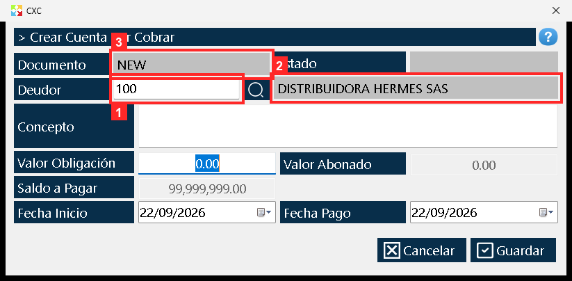 Se abre el documento «CXC». «Deudor» es el tercero de la cuenta (100 — DISTRIBUIDORA HERMES SAS). Arriba se ven «Documento» («NEW»: se asigna al guardar) y «Estado».