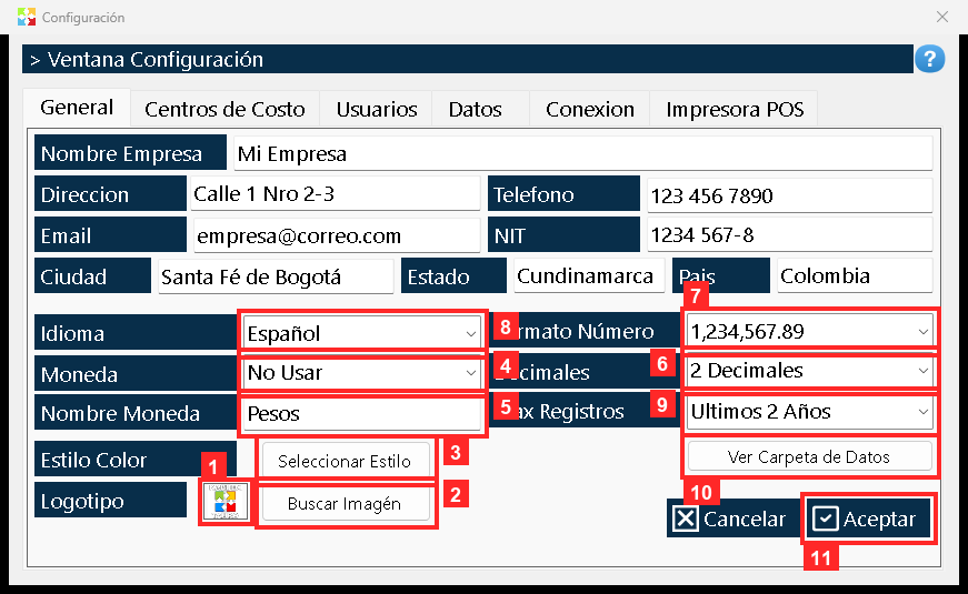 Más abajo están el «Logotipo» y «Buscar Imagén» (busca el archivo de imagen), el «Estilo Color» con «Seleccionar Estilo», la «Moneda» y el «Nombre Moneda», los «Decimales», el…