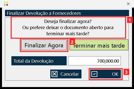 Ao pressionar «Salvar Documento» o programa pede para finalizar a devolução: pergunta «Deseja finalizar agora?