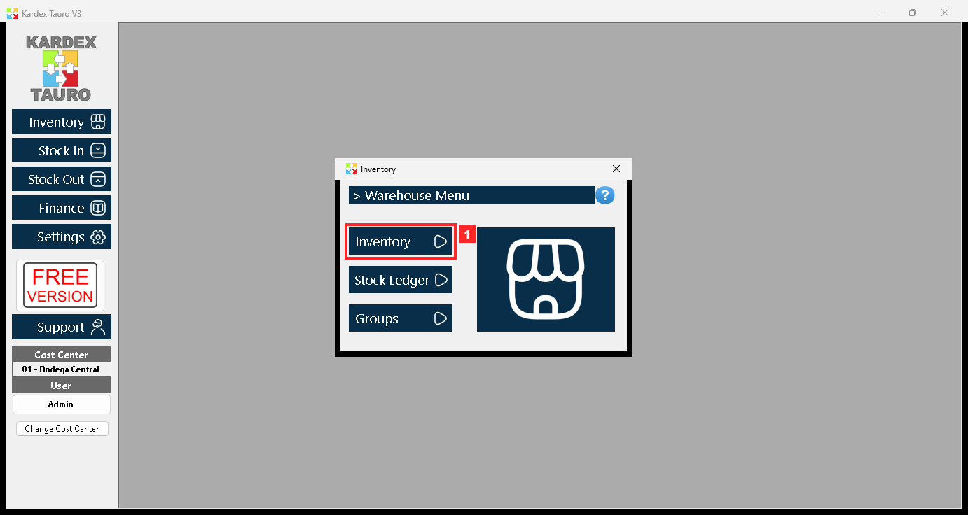 Pressing «Inventory» opens the «Inventory» window with the three options of the module: «Inventory», «Stock Ledger» and «Groups».