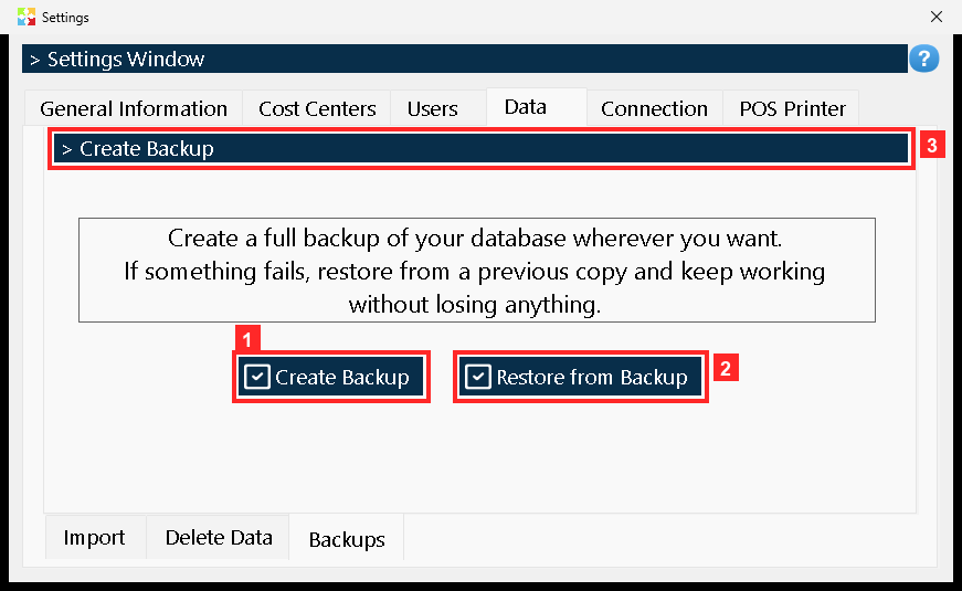 The third tab is «Backups»: «Create Backup» saves a full copy of the database wherever you want and «Restore from Backup» restores it if something goes wrong.