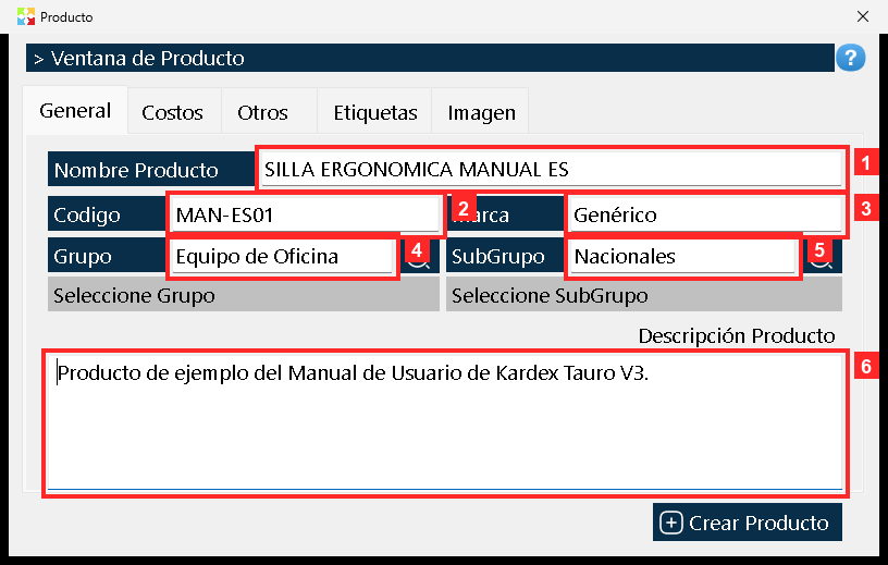 Así queda la pestaña «General» con los datos del producto de ejemplo: «Nombre Producto» = SILLA ERGONOMICA MANUAL ES; «Codigo» = MAN-ES01; «Marca» = Genérico; «Grupo» = Equipo de…