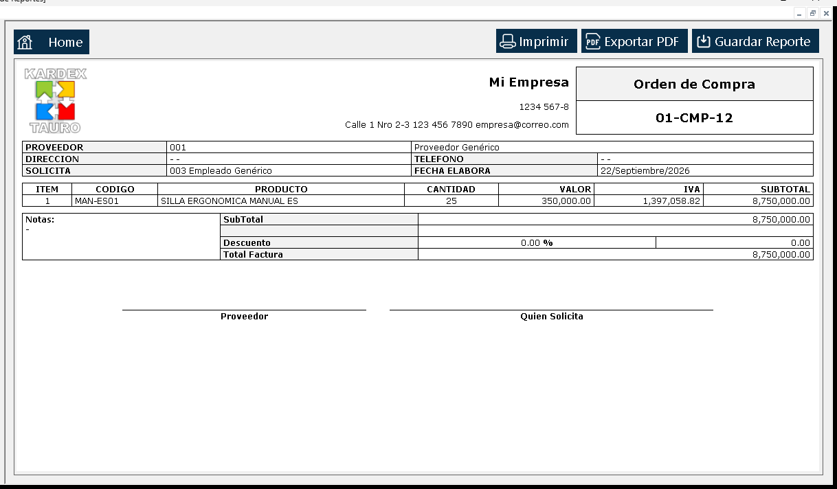 Se abre el «Visor de Reportes» con el documento tal como saldría impreso: encabezado, proveedor, la línea comprada y los totales.