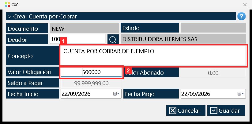 Debajo van «Concepto» (para qué es la cuenta) y «Valor Obligación», el importe que se debe.