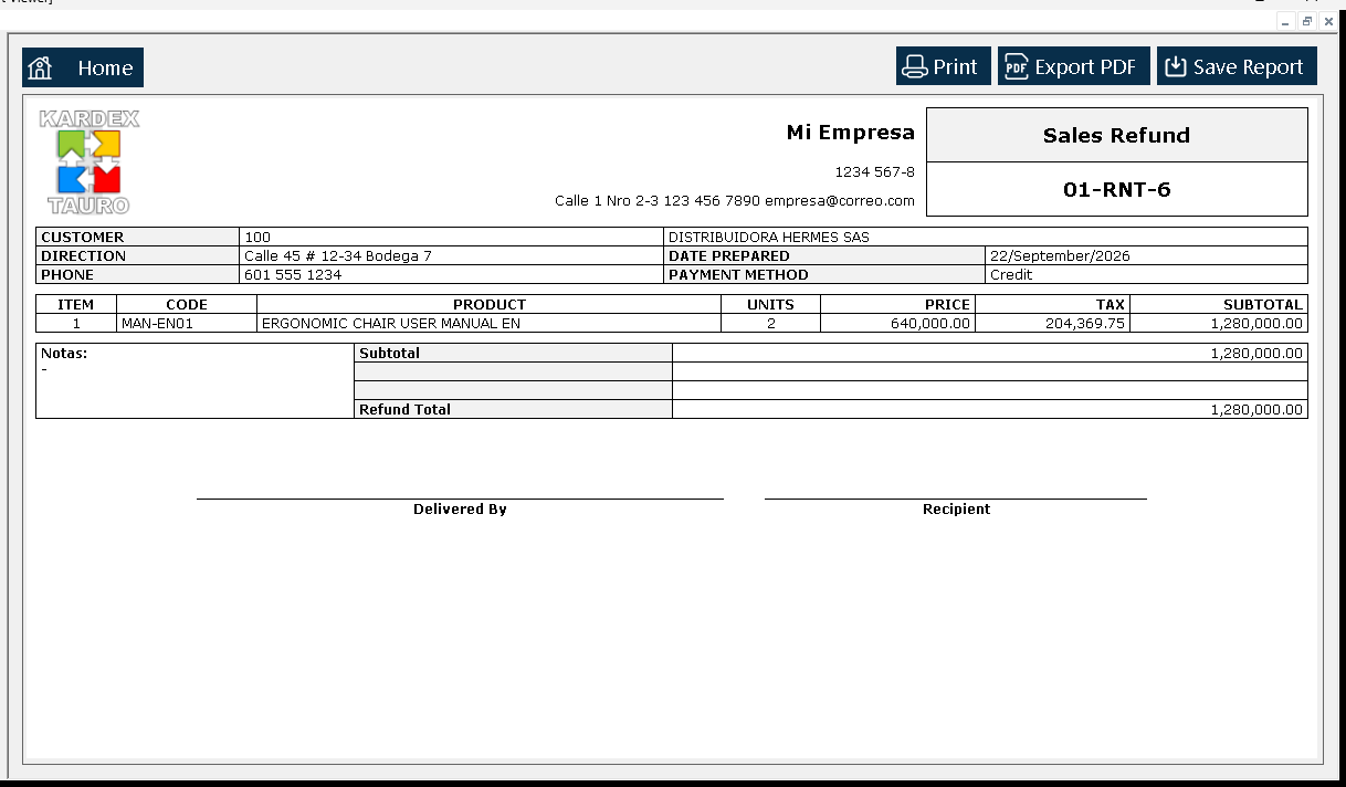 The «Report Viewer» opens with the refund exactly as it would be printed: header, the customer, the line coming back and the totals.