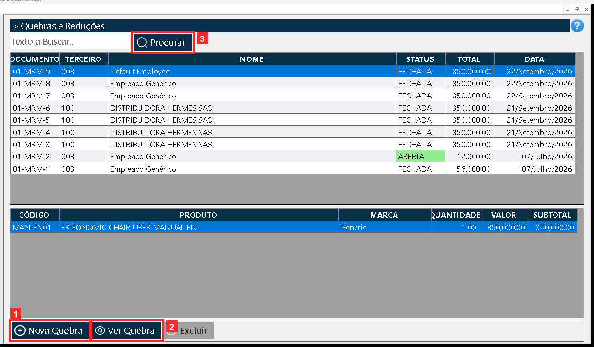 Abre-se «Lista de Documentos». Em cima a grade mestre lista cada documento com a referência, o terceiro, o STATUS (FECHADA) e o total (01-MRM-9 | 003 | Default Employee | FECHADA…