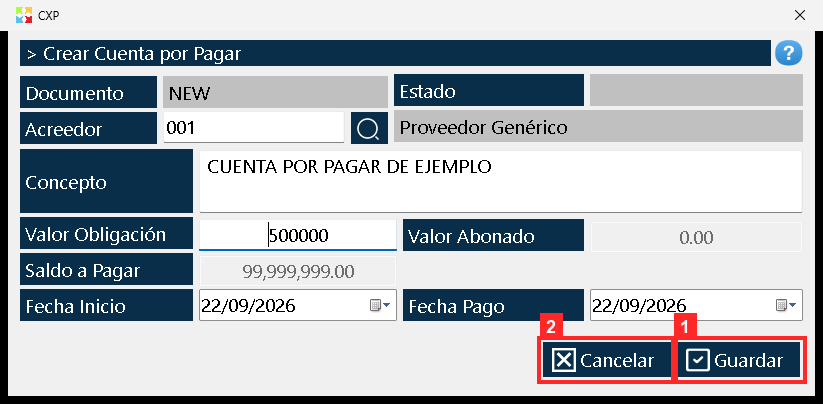 El documento se guarda con «Guardar». A diferencia de los documentos de almacén, aquí no hay diálogo de finalizar: al guardar, la cuenta queda registrada y el documento se cierra…