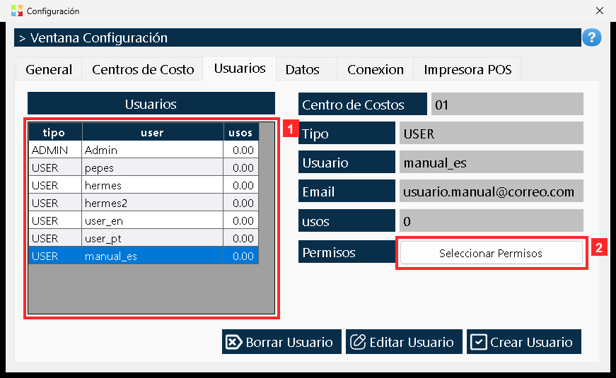 La ventana se cierra y el usuario nuevo queda en la cuadrícula: «USER | manual_es | 0.00».