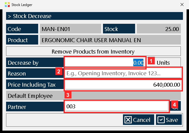 The «Stock Ledger» form opens, the same one used for the entries. At the top it confirms the «Code» (MAN-EN01), the «Product» and the current «Stock».