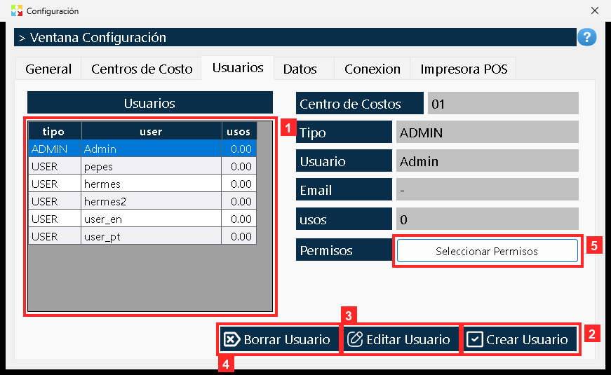 Se abre la ventana de configuración. Pulse la ficha «Usuarios»: ahí está la cuadrícula con todos los usuarios del programa (la columna «Tipo» dice si es ADMIN o USER) y los…