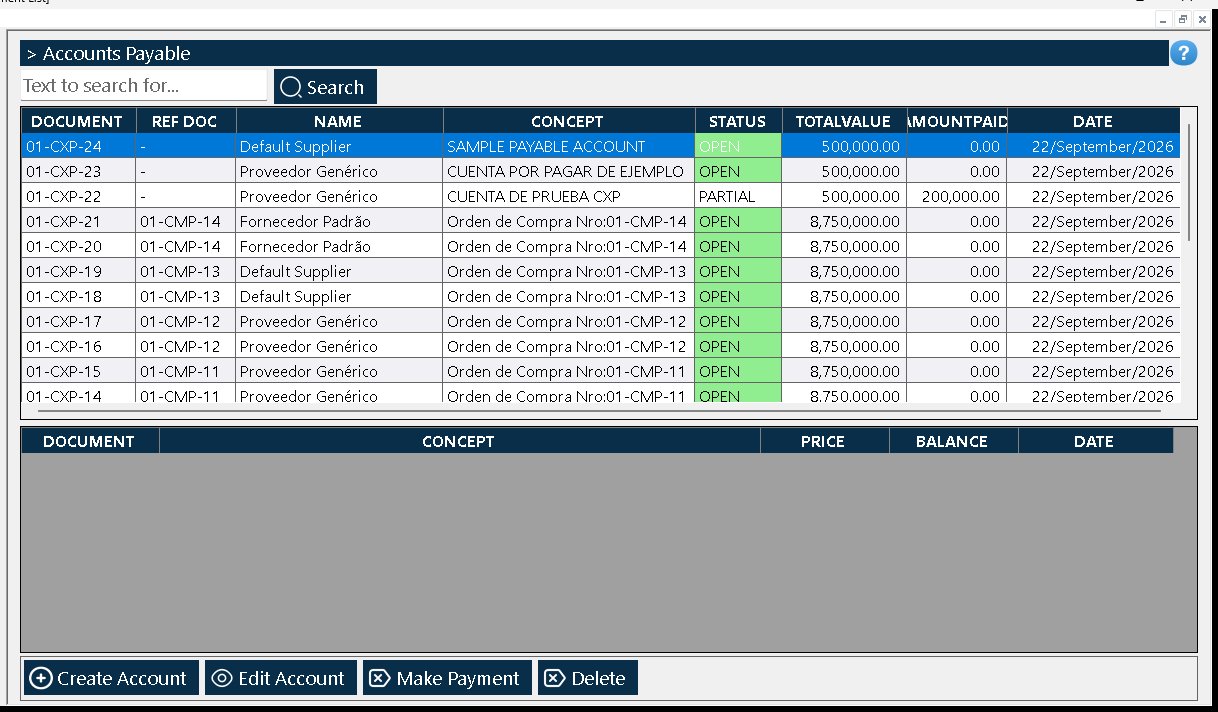 Once saved, the account appears in the list as «01-CXP-24» with status OPEN, the total 500000.0 and no payments yet (0.0).