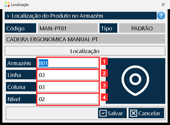 Para conferir, pressione «Localização» de novo com o produto selecionado: a janela abre com os dados guardados («Armazém» = B01, «Linha» = 03, «Coluna» = 03 e «Nível» = 02).