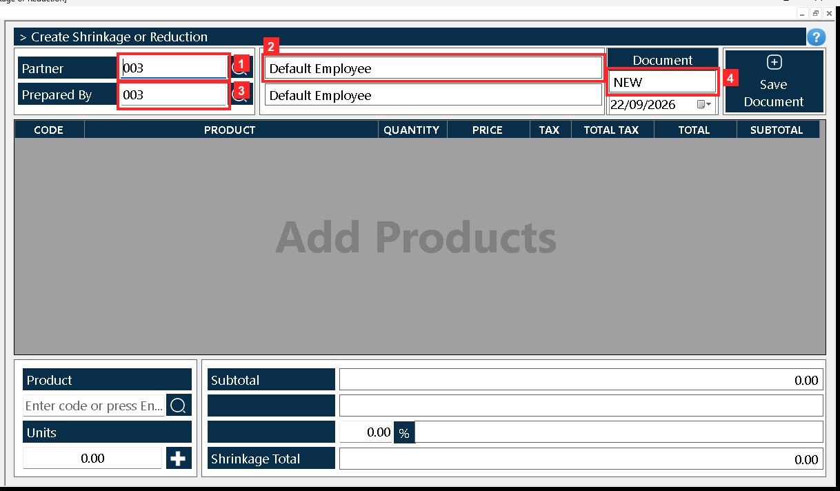 The document «Shrinkage or Reduction» opens. In the header, «Partner» is the partner the shrinkage is linked to (003 — Default Employee) and «Prepared By» the person who prepares…