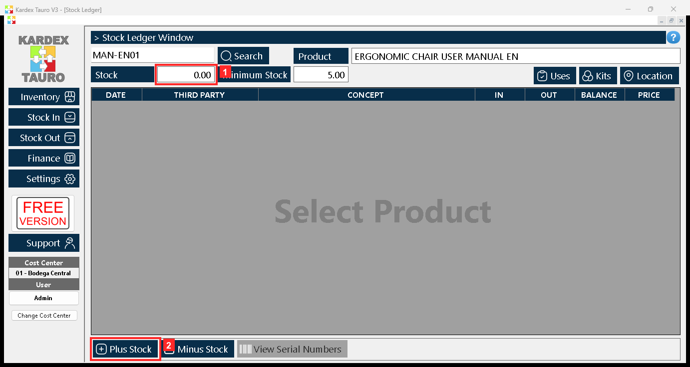 When you search for it, the program loads the product: next to the search box «Product» appears with its name, and below it «Stock» (0.00) together with its «Minimum Stock».