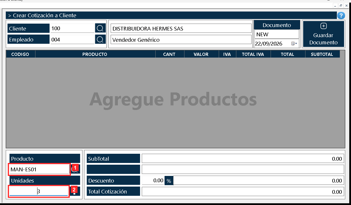 En el cuerpo del documento se arma la lista de lo que se cotiza: «Producto» es el código del producto y «Unidades» la cantidad cotizada.