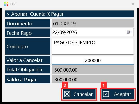 El abono se registra con el botón «Aceptar» del diálogo. Al aceptarlo, el programa suma el importe a lo abonado de la cuenta y deja el movimiento en la caja (entrada si se cobra…