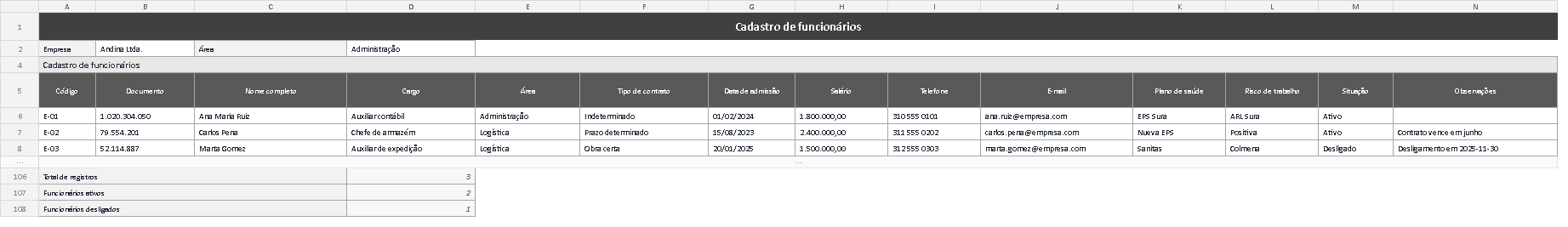Modelo de cadastro de funcionários em Excel