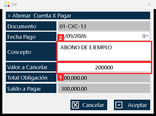 Se escribe en «Valor a Cancelar» el importe que se abona —en el ejemplo 200000, una parte del saldo— y en «Concepto» una nota para identificarlo («ABONO DE EJEMPLO»).