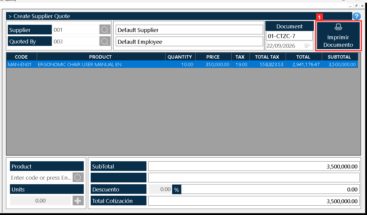 The program reports «Document processed successfully»: the quote was registered as «01-CTZC-7» with the status CLOSED.