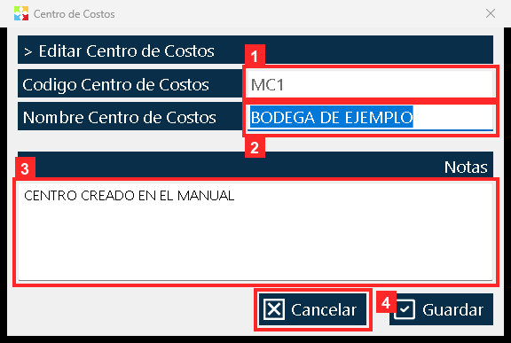 Para terminar, seleccione el centro y pulse «Editar»: se abre con los datos tal como quedaron guardados —«Codigo Centro de Costos» MC1, «Nombre Centro de Costos» «BODEGA DE…