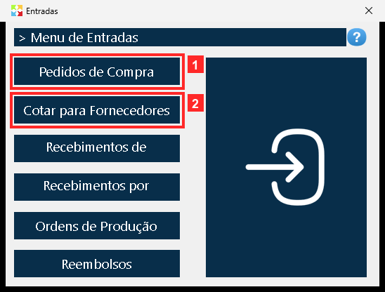 Ao pressionar «Entradas» abre-se o menu de operações de entrada. A primeira opção, «Pedidos de Compra», é a usada aqui; as outras são documentos de entrada diferentes.