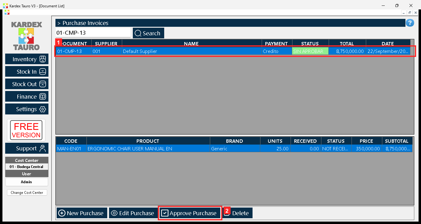 After approving, the order shows the status NOT RECEIVED and the SAME button of the bar is now labelled «Approve Purchase»: it opens the reception of the goods.
