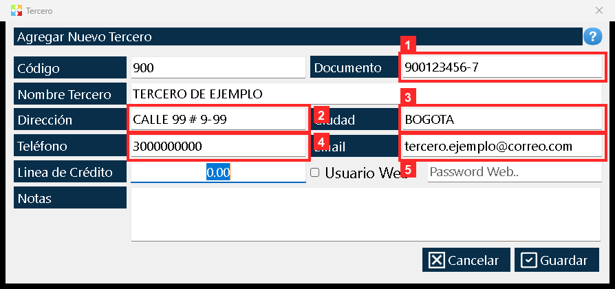 Debajo van los datos del tercero: «Documento» (NIT o cédula, en el ejemplo 900123456-7), «Dirección» (CALLE 99 # 9-99), «Ciudad» (BOGOTA), «Teléfono» (3000000000) y «Email»…