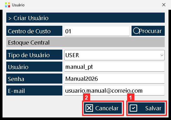 O cadastro salva-se com «Salvar»: salva de uma vez, sem mais passos. «Cancelar» fecha sem criar o usuário.