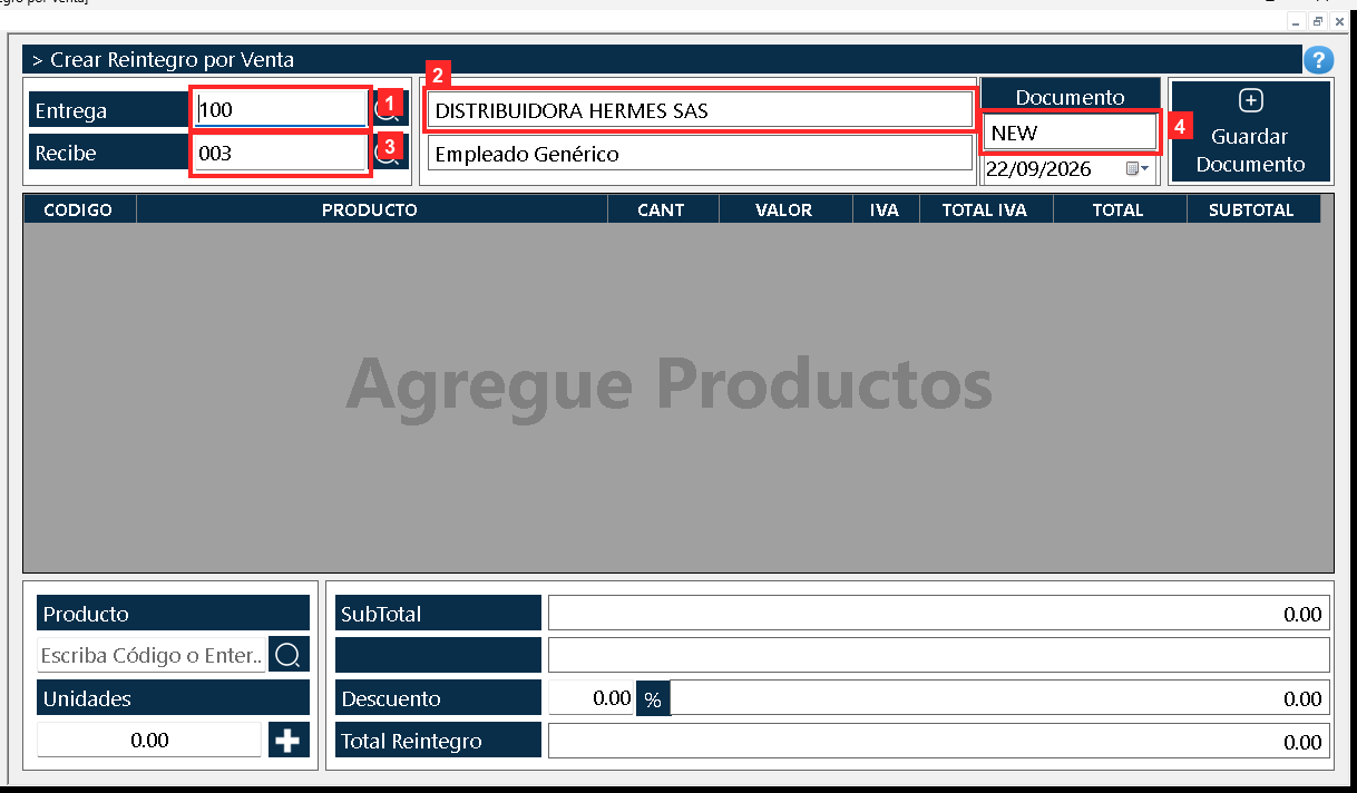 Se abre el documento «Reintegro por Venta». En la cabecera, «Entrega» es el tercero que entrega la mercancía de vuelta (el cliente que la devuelve: 100 — DISTRIBUIDORA HERMES SAS)…