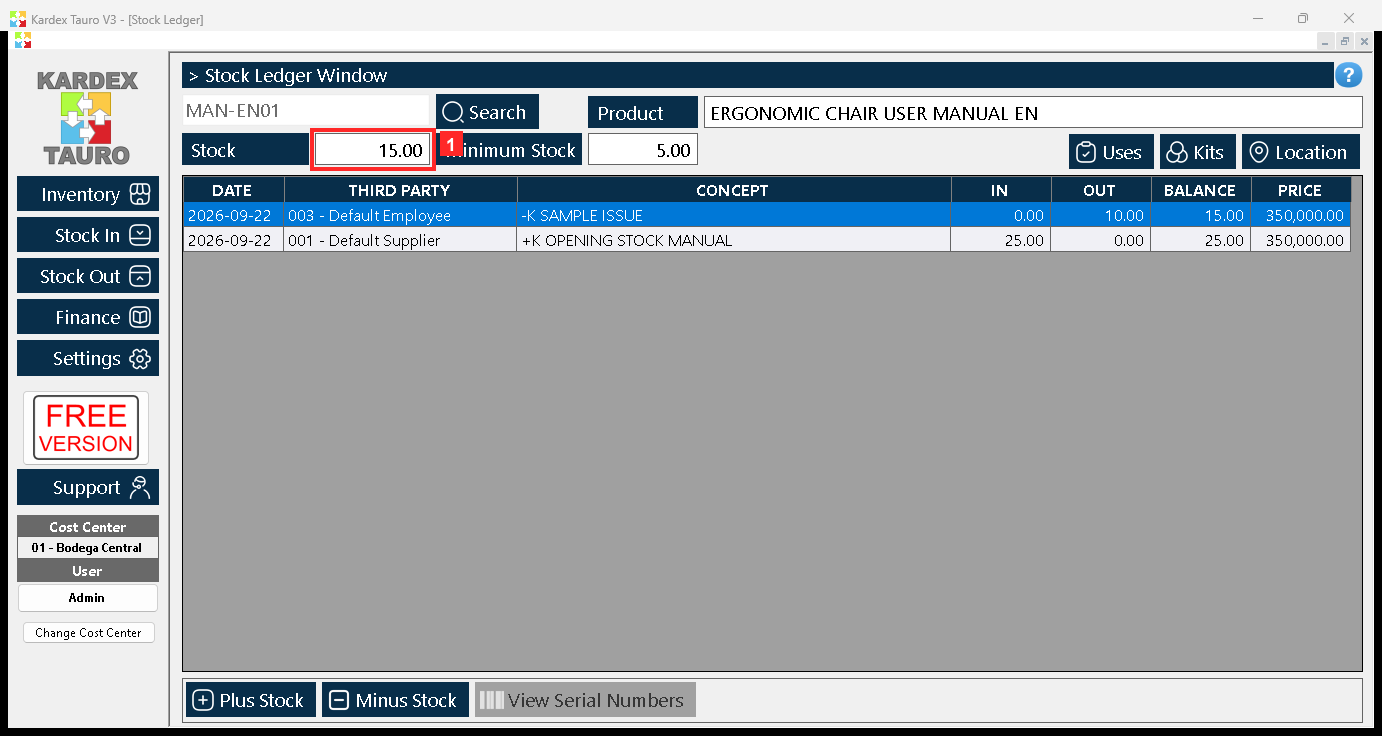 Pressing «Save» stores the movement: the «Stock» of the product in cost center 01 - Bodega Central go from 25.00 to 15.00 and the issue is recorded with its «Reason».
