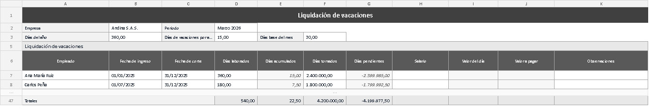Plantilla de liquidación de vacaciones en Excel