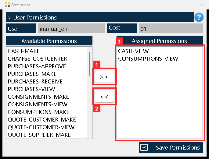 A permission is marked in «Available Permissions» and moved with the «>>» arrow; «<<» returns one from «Assigned Permissions».