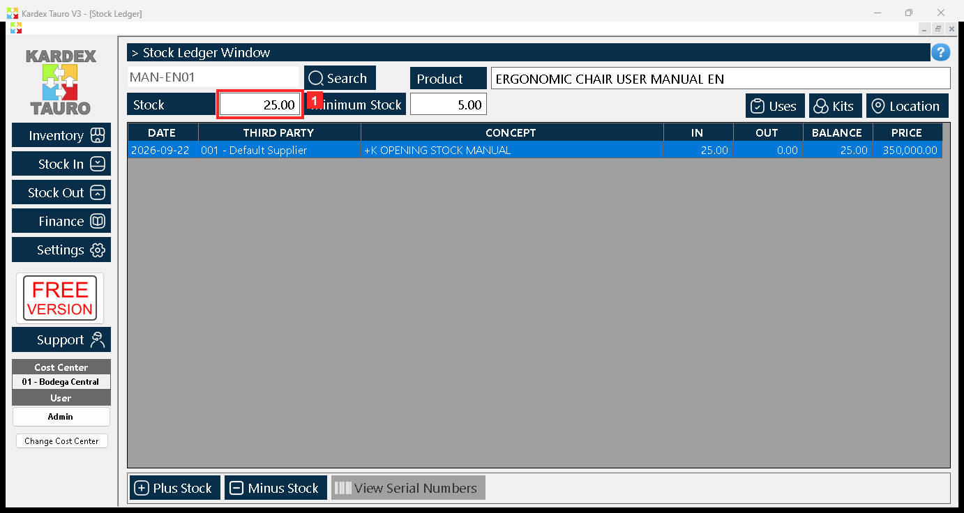 Pressing «Save» stores the movement: the «Stock» of the product in cost center 01 - Bodega Central go from 0.00 to 25.00 and the entry is recorded with its «Reason».