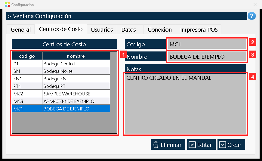 La ventana se cierra y el centro nuevo aparece en la cuadrícula con su fila (MC1 | BODEGA DE EJEMPLO).