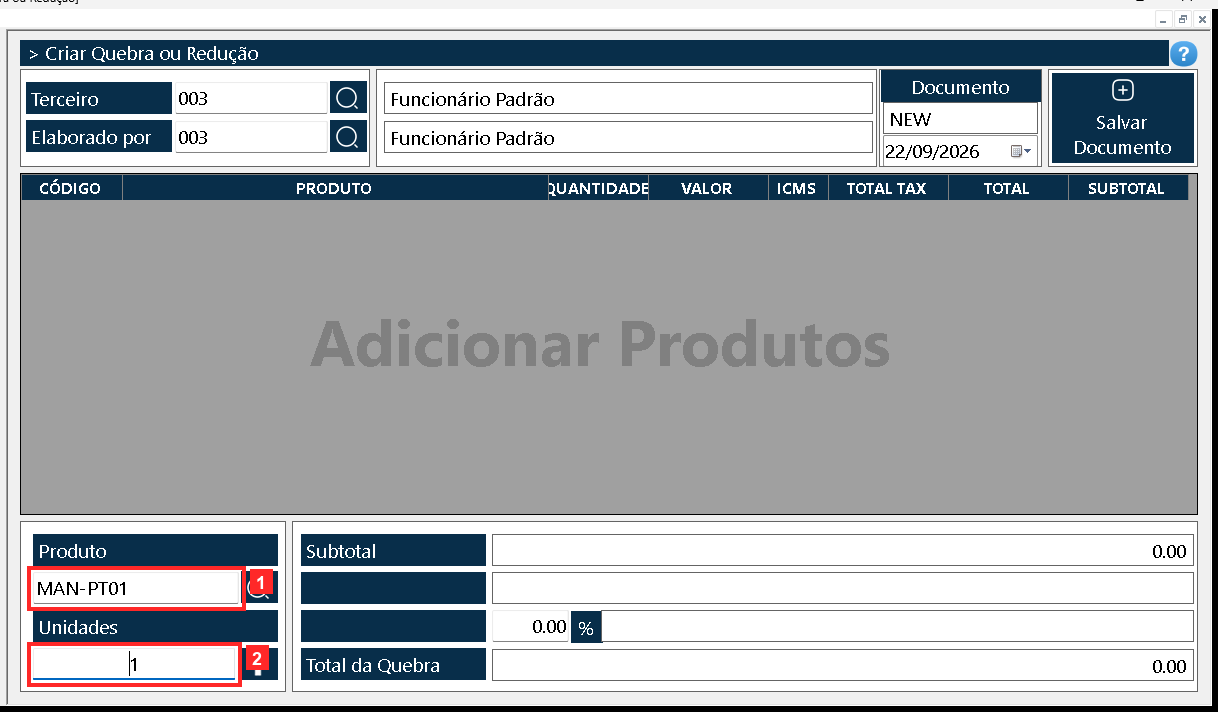 No corpo monta-se a lista do que se dá baixa: «Produto» é o código do produto e «Unidades» a quantidade perdida. Ao lado estão a busca de produtos e o botão que adiciona a linha.