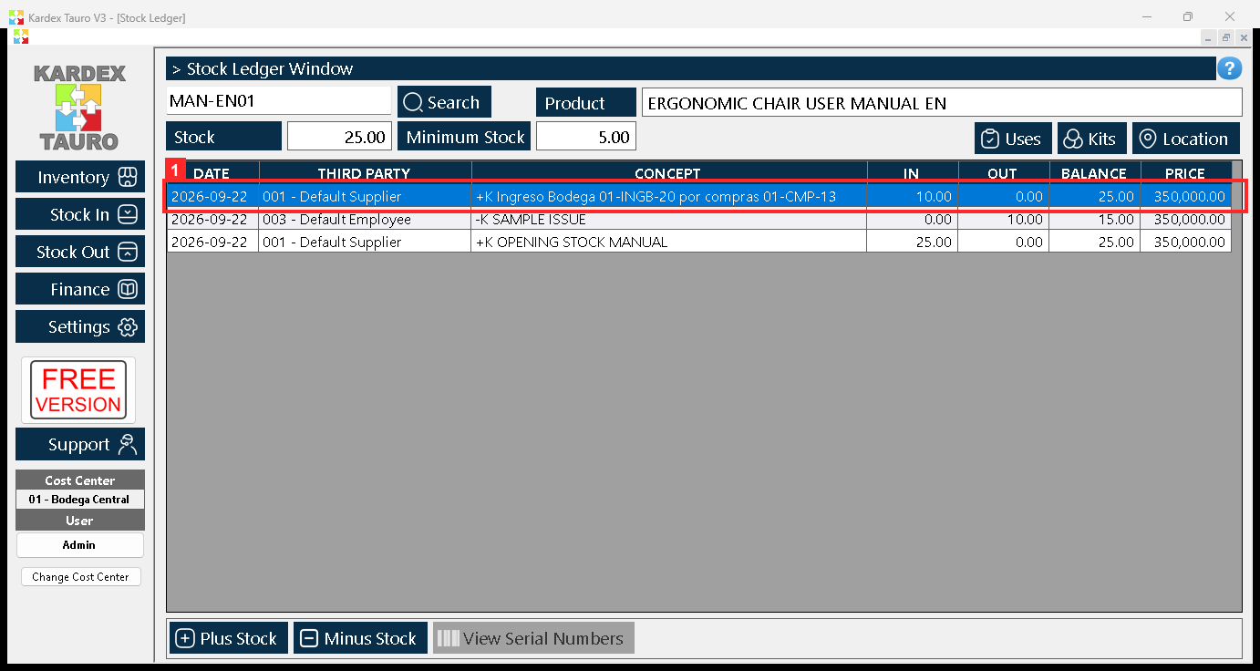 Every receipt leaves its entry in the ledger. In «Stock Ledger», searching the product, the first row is the movement this purchase has just created: «+K Ingreso Bodega 01-INGB-20…