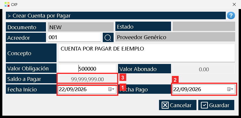 «Fecha Inicio» es la fecha de la cuenta y «Fecha Pago» la fecha prevista de pago; el programa las propone con la fecha de hoy (22/09/2026 y 22/09/2026).
