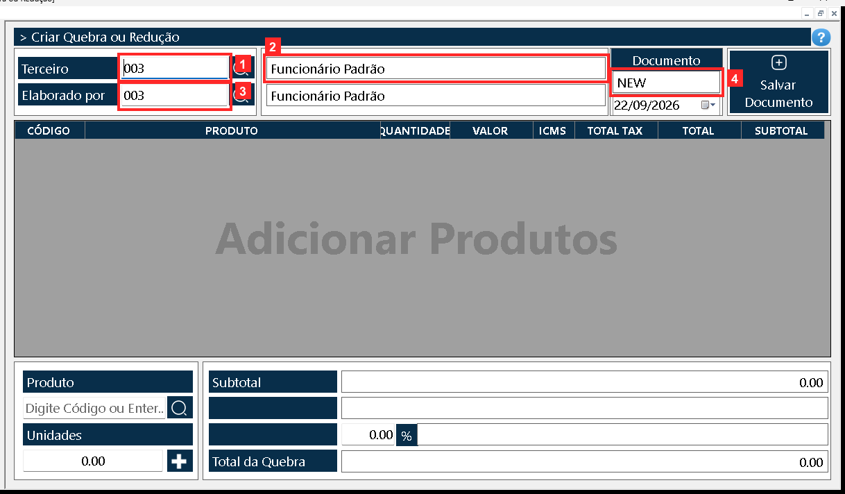 Abre-se o documento «Quebra ou Redução». No cabeçalho, «Terceiro» é o terceiro ao qual a quebra se associa (003 — Funcionário Padrão) e «Elaborado por» quem a elabora ou reporta.