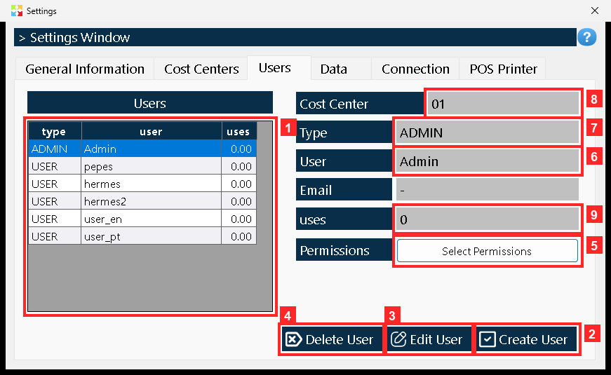 The grid «Settings» lists the program users and, when one is selected, its details appear below: «User», «Type», «Cost Center», «Email», the «uses» and the «Permissions».