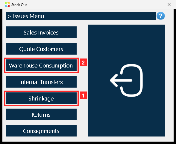 Pressing «Stock Out» opens the menu of stock-out operations. «Shrinkage» is the shrinkage or reduction option: it writes off what was lost, broken or expired, recording who…