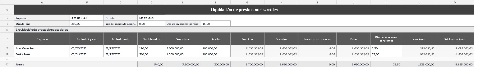 Plantilla de liquidación de prestaciones sociales en Excel