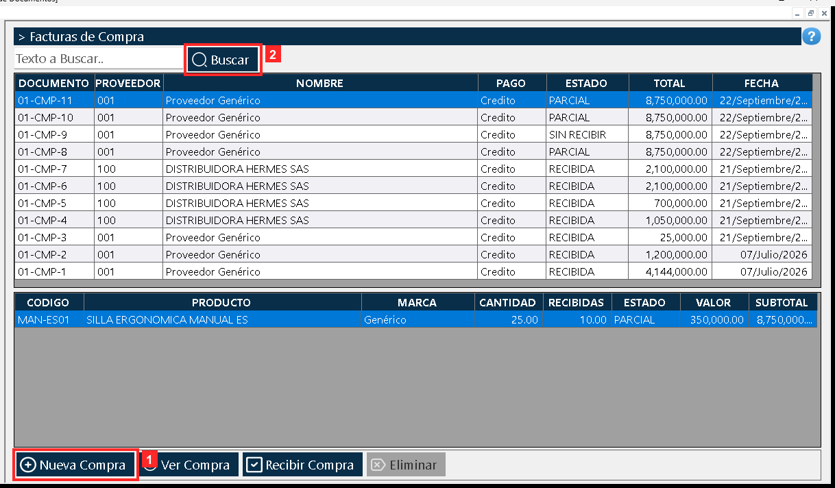 Se abre «Lista de Documentos»: cada fila es una orden de compra con su referencia, el proveedor, la condición de pago, el ESTADO y el total.