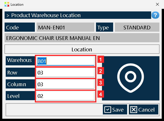 To check it, press «Location» again with the product selected: the window opens with the stored data («Warehouse» = B01, «Row» = 03, «Column» = 03 and «Level» = 02).