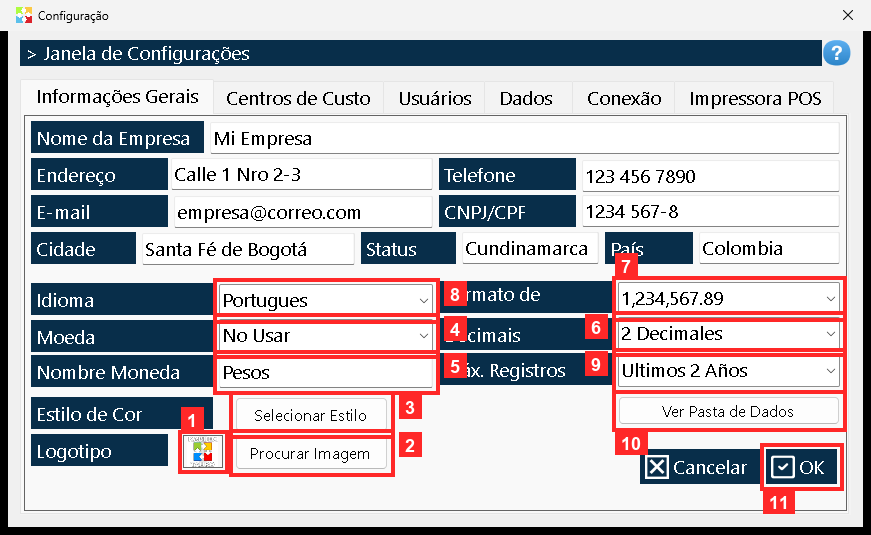 Mais abaixo estão o «Logotipo» e «Procurar Imagem» (procura o arquivo da imagem), o «Estilo de Cor» com «Selecionar Estilo», a «Moeda» e o «Nombre Moneda», os «Decimais», o…