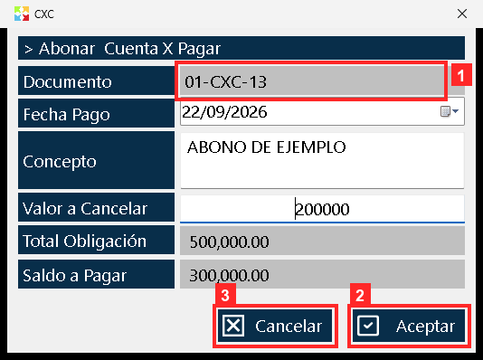 El abono se registra con el botón «Aceptar» del diálogo. Al aceptarlo, el programa suma el importe a lo abonado de la cuenta y deja el movimiento en la caja (entrada si se cobra…
