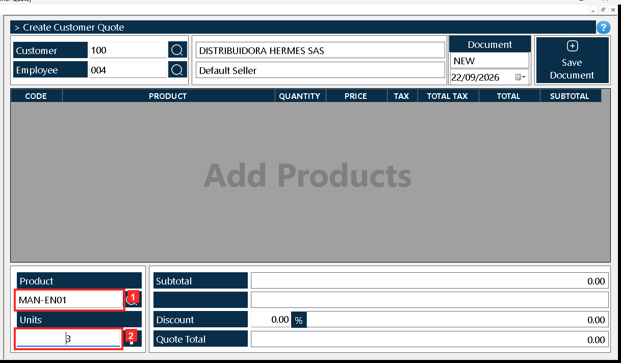 The body of the document holds the list of what is being quoted: «Product» is the product code and «Units» the quoted quantity.