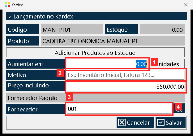 Abre-se o formulário «Kardex». Em cima confirmam-se o «Código» (MAN-PT01), o «Produto» e as «Estoque» atuais.