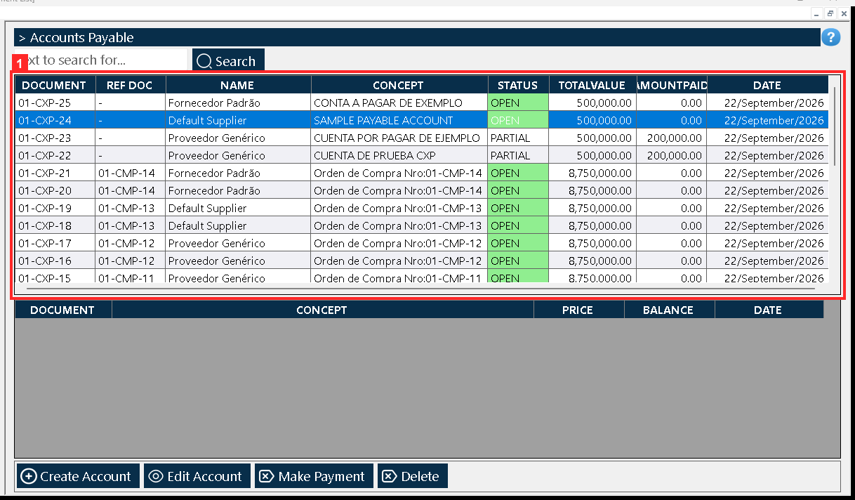 With the account row selected («01-CXP-24 | - | Default Supplier | SAMPLE PAYABLE ACCOUNT | OPEN | 500,000.00 | 0.00 | 22/September/2026») you press «Make Payment».