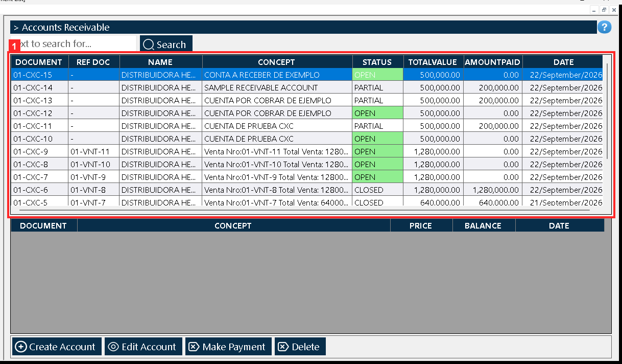 The account is now «01-CXC-14» with status PARTIAL, 200000.0 paid out of 500,000.00 (balance 300000.00) and the cash box kept the movement «01-CIG-1 · Abono a CXC.